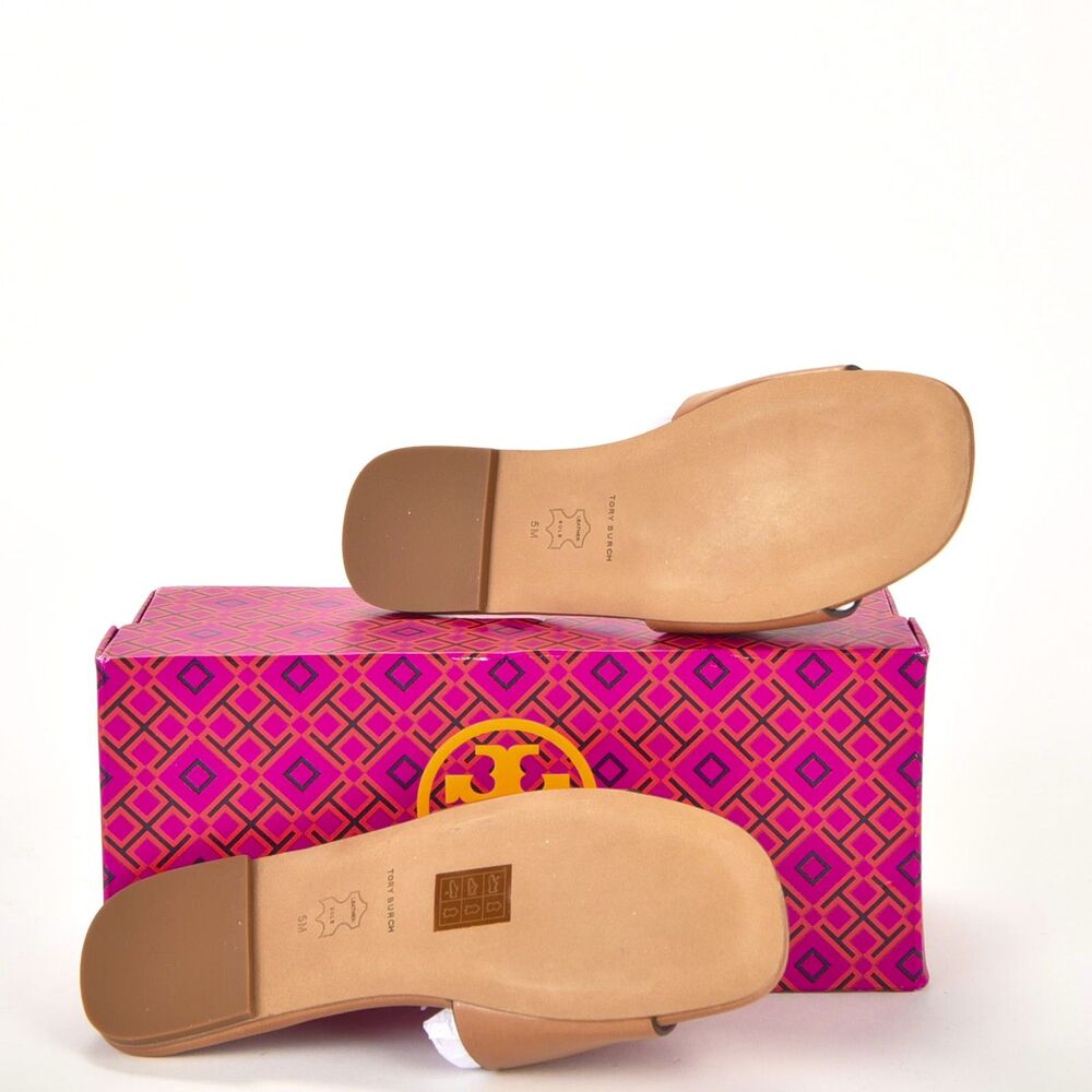 Tory Burch Ines Flat Slide Goat Leather Tan Size 5 LNIB Signature Slide - Picture 4 of 4